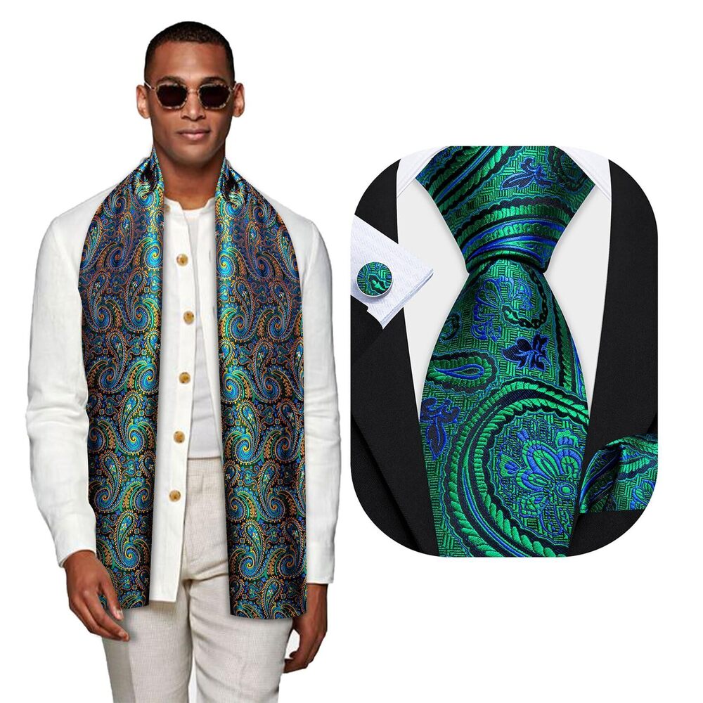 9131 Green Blue Scarf and Tie Floral Silk Necktie Pocket Square Cufflinks